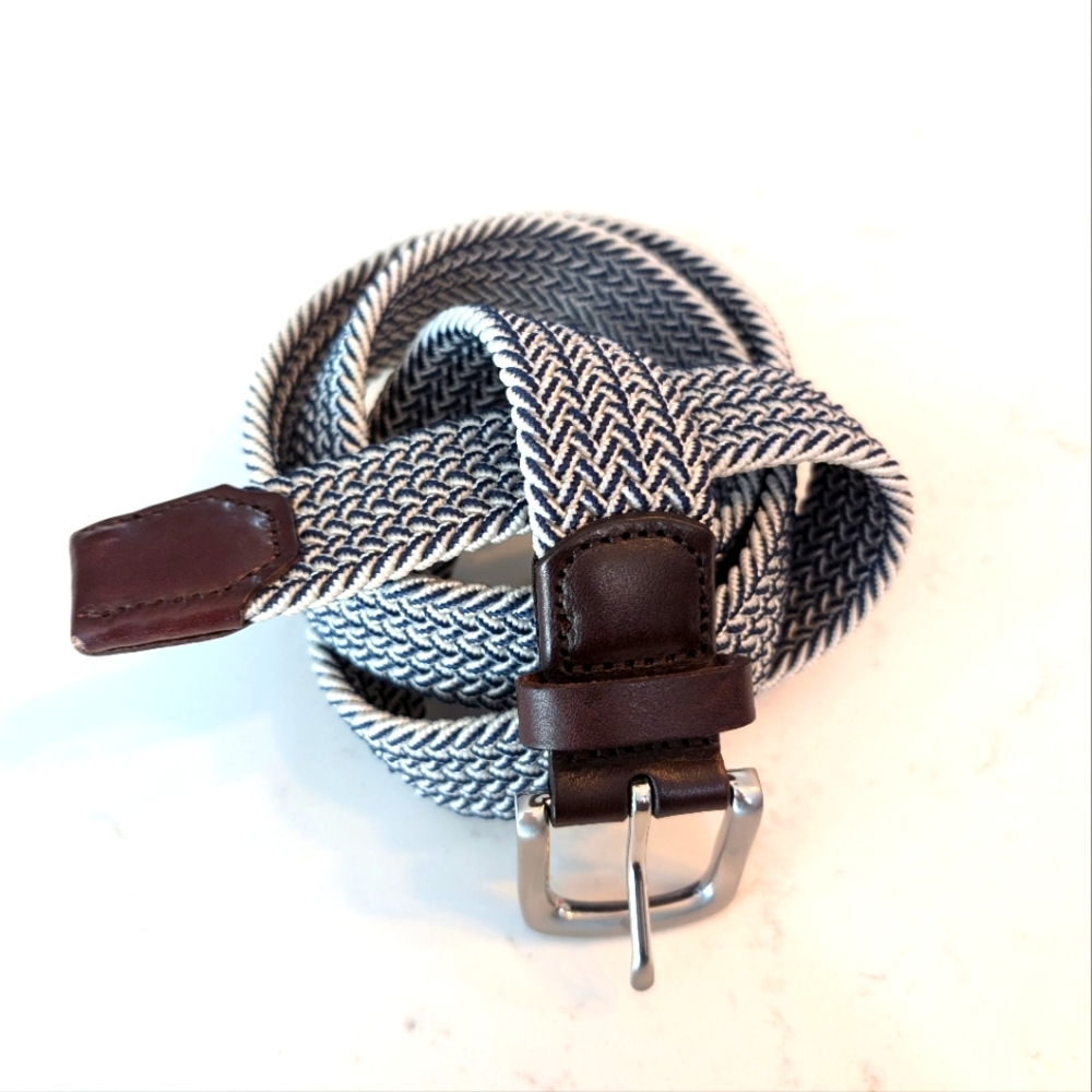 J. Crew Men's Woven Braided elastic belt navy blue & white Sz L NWOT